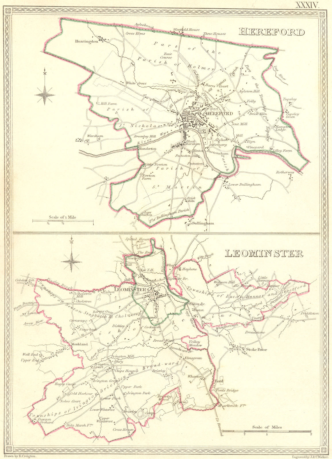 HEREFORD. Leominster. Creighton Walker. Town Plan 1835 old antique map chart